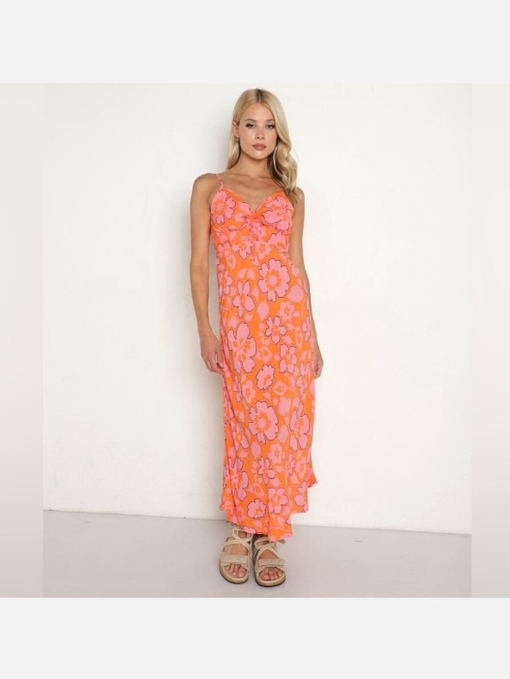 Faithfull the Brand Coral-Orange Maxi Dress with Pink Floral Print